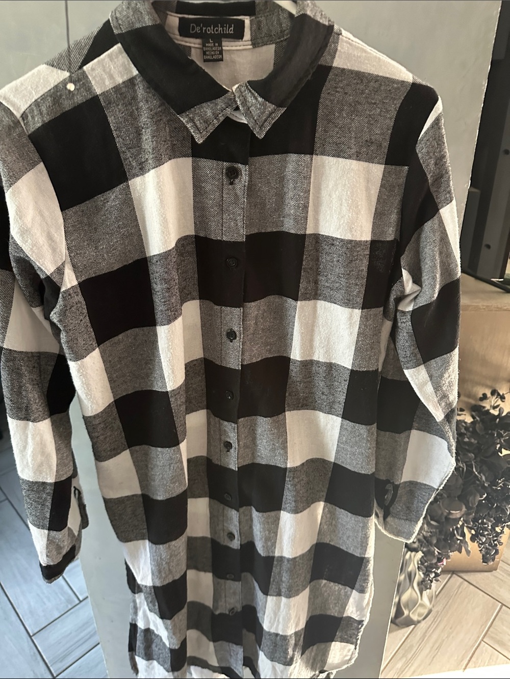 Ladies Long Black & White Flannel Button-Down Shirt